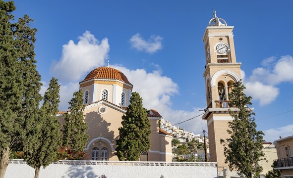 Greek orthodox church Agioi Taxiarches with church tower, Ermoupoli, Syros, Cyclades, Greece