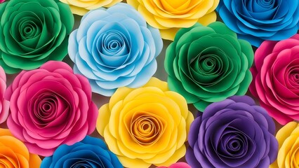 Close-up shot of colorful paper roses. A variety of brightly colored paper roses arranged to create an eye-catching display. The close-up perspective emphasizes the intricacy of each bloom.
