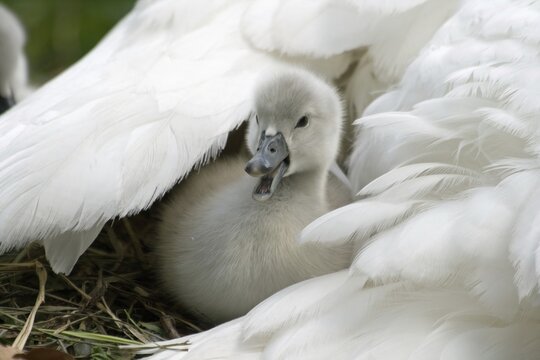 Mute swan (Cygnus olor) in the nest, looking out of the adult bird's plumage, Hesse, Germany