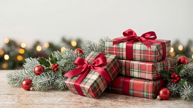 Festive plaid wrapped christmas gifts with red ribbons stacked on rustic wooden table surrounded by evergreen branches and ornaments