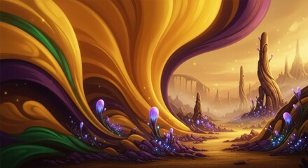 A surreal, vibrant landscape with orange and purple hues, featuring a tree with flowing branches and glowing, ethereal flowers.