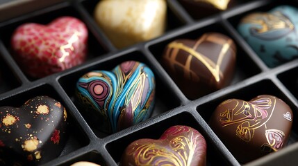 Close-up view of heart-shaped chocolates in a box, various designs and colors