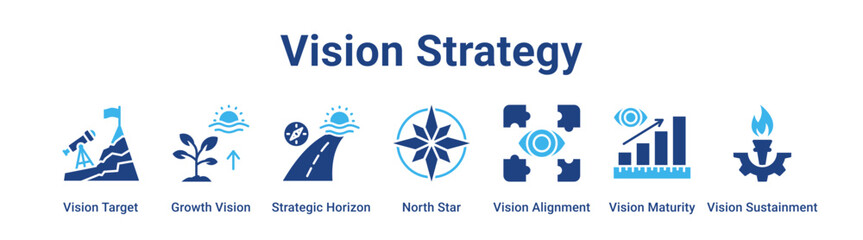 Vision Strategy web banner icon vector illustration concept for business with icon of Vision Target, Growth Vision, Strategic Horizon, North Star, Vision Alignment, Vision Maturity, Vision. © Parahman