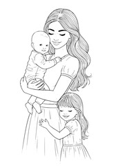 portrait of a mother with children. coloring book