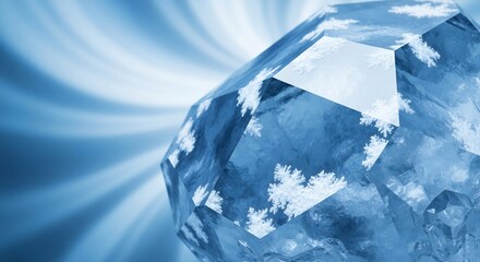 Obraz premium Closeup of a multifaceted blue ice crystal containing white snowflakes set against a blurred swirling blue backdrop