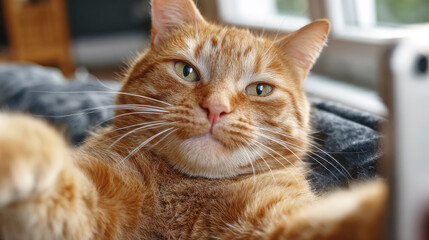 Funny ginger cat taking selfie with smartphone indoors at home.