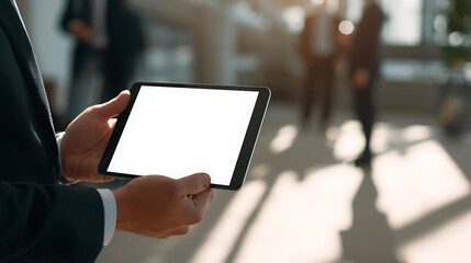 A person in a suit holds a digital tablet with a blank screen, other figures blurred in background