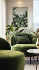 Elegant green velvet armchair with cushion in modern stylish interior.
