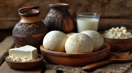 Rustic still life featuring dairy products and earthenware, evoking a fresh, natural aesthetic