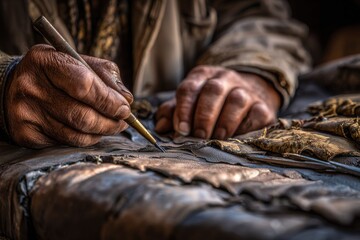 Craftsman works with leather using a tool to create patterns in a workshop during daylight hours