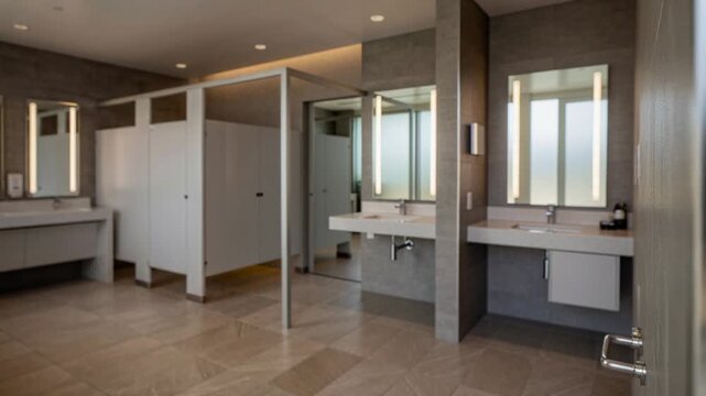 Modern public restroom interior with open door view of bright clean stalls, sinks, mirrors, and neutral tile floor design