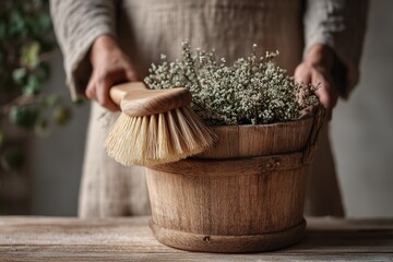 Holding a wooden bucket filled with fresh flowers and a brush in a simple setting