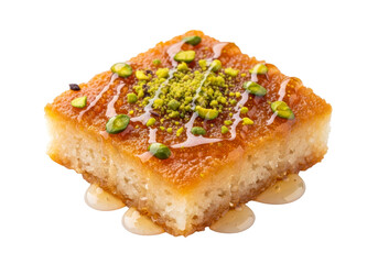 basbousa semolina cake with pistachio topping and syrup drizzle