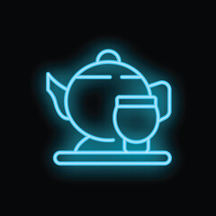 Obraz premium Blue neon sign depicting a teapot and cup on a black background, perfect for businesses advertising a cozy atmosphere