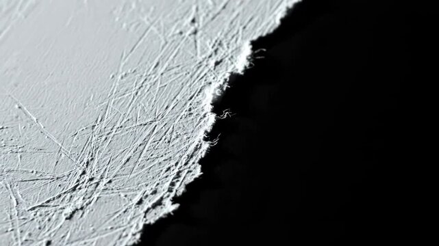 Torn edge of a gray textured paper on a black background