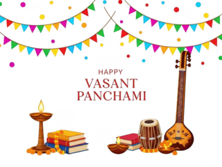 Vasant panchami festival elements with sitar, books, and diyas, isolated on transparent background