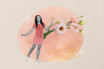 Trend artwork sketch design collage of young lady attractive smile retro outfit dress hold bouquet plant holiday international woman day