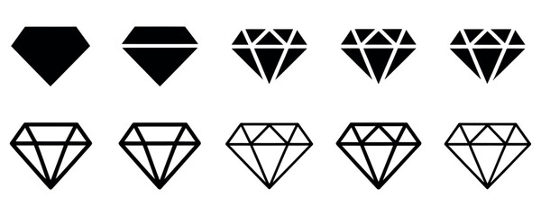 Collection of diamond icons in various styles and details, including solid and outline designs vector.