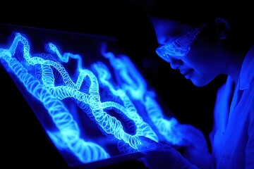 Scientist studies glowing blue patterns in laboratory during night hours with focus on research and discovery