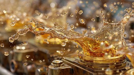 Close-up of golden liquid splashing over machinery components with droplets in motion