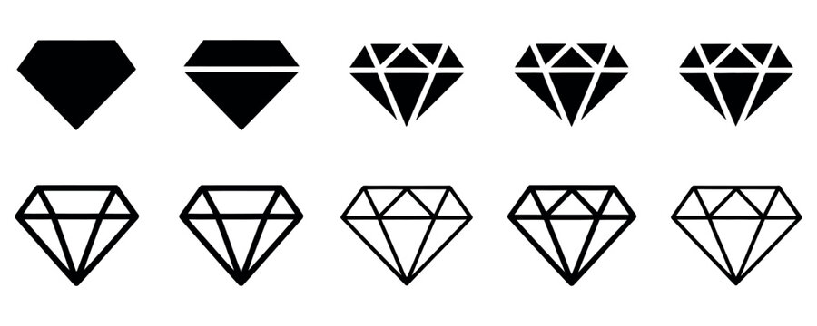 Collection of diamond icons in various styles and details, including solid and outline designs vector.