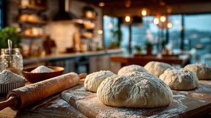 Pizza Making Preparation: Close-up of Dough Balls and Rolling Pin on Kitchen Counter for Cooking Tutorial

