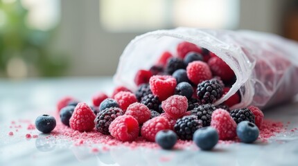 Frozen berries spilling from a frosty resealable bag onto a marble counter, tiny ice crystals sparkling under kitchen window light &mdash; premium frozen fruit, healthy smoothie ingredients, and vibrant