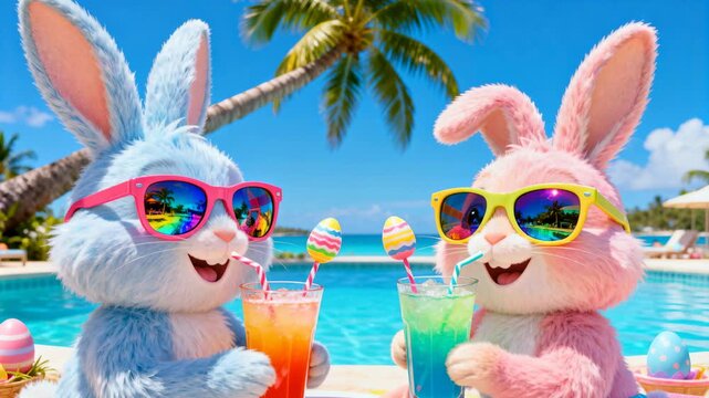 Colorful bunnies enjoying tropical easter drinks by a sunny poolside with decorated eggs and palm trees in the background