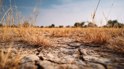 Severe drought landscape showing deeply cracked parched earth and dry yellow grass under a clear blue sky