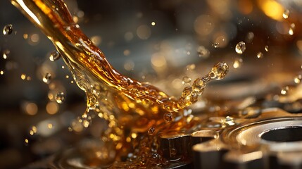 Close-up view of dark liquid pouring over metallic gears, creating a splash with bokeh