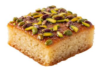 pistachio topped square cake with glaze