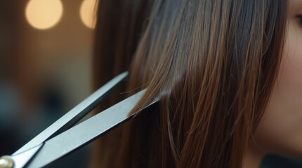 Macro shot of hair scissors slicing cleanly through a section of glossy hair, frozen in motion to highlight sharpness, accuracy, and salon-quality tools. cinematic color correction