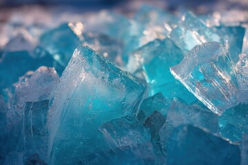 Blue ice chunks scattered on a surface in bright sunlight during daytime hours