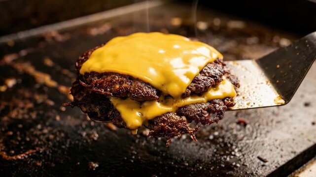 Close up shot of delicious double cheeseburger patty with melted yellow cheese on metal spatula over hot greasy flat top grill in kitchen prepared for serving.
