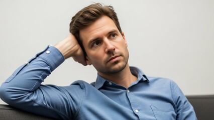 Stressed Businessman Relaxing on Sofa with Hand on Head