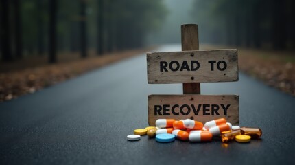 Road to Recovery with Prescription Bottles on Misty Forest Path 
