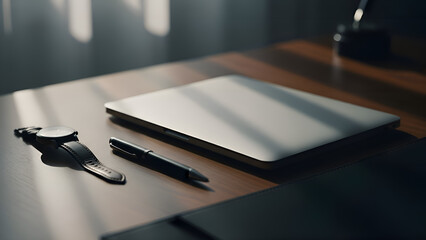Elegant wristwatch and pen on a luxury wooden office desk with laptop in background