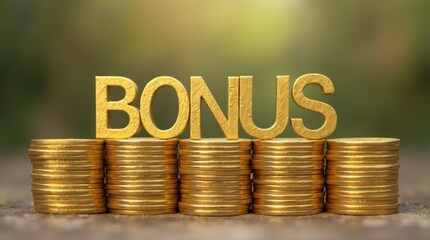 The word bonus is spelled out on stacks of golden coins representing a financial reward 
