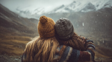 Two friends in cozy knit hats embrace while watching snow fall over misty mountains, capturing a tender moment of connection in a cold, scenic wilderness.