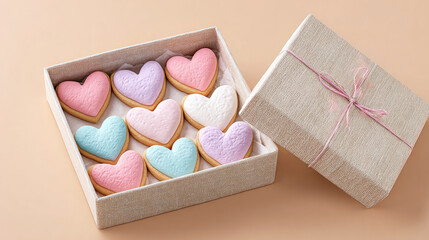 Gift box filled with colorful heart-shaped frosted cookies, arranged neatly on parchment paper, perfect for Valentine's Day, celebrations, or sweet surprises.