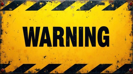 Yellow grunge &ldquo;WARNING&rdquo; text signboard with bold black hazard stripes and scratched metal texture, realistic caution banner template for safety poster, industrial notice, or attention alert design 