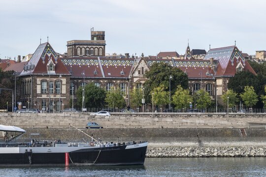 Ship in front of university building, Budapest, Hungary