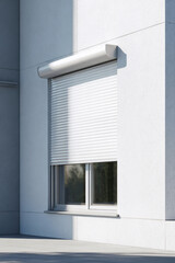 Closed white roller shutter on a modern building facade in daylight, casting sharp shadows on clean textured walls with minimal architectural detail.