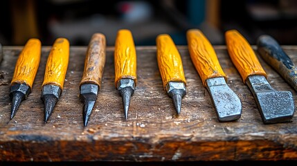 Woodworking chisels on bench.