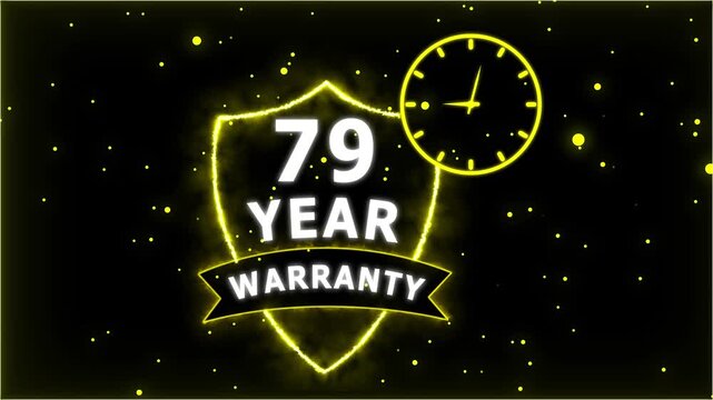 Neon Glowing Shield Badge with 79 Year Warranty Text and Clock Animation on black Futuristic Background.