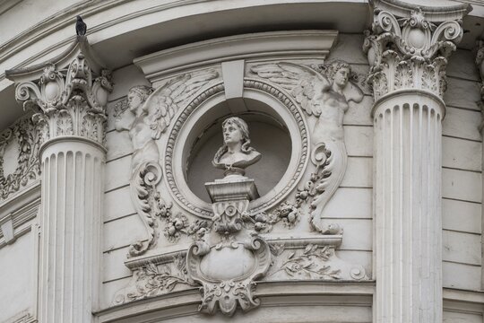 Old Town Bucharest, sculpture on a house, Romania