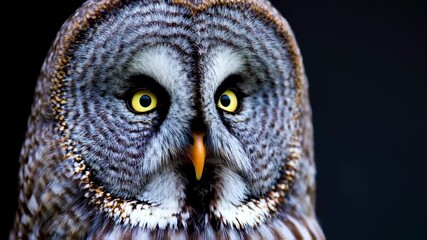 A close-up portrait of an owl with striking yellow eyes set against a deep black background