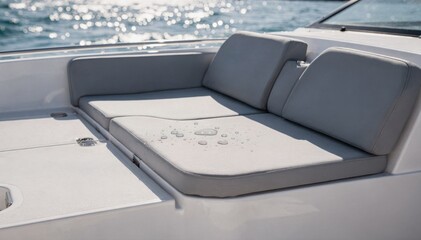 Smooth UVstable fabric featured on sleek boat cushions highlighting water repellency and longlasting mold protection under bright sunlight.