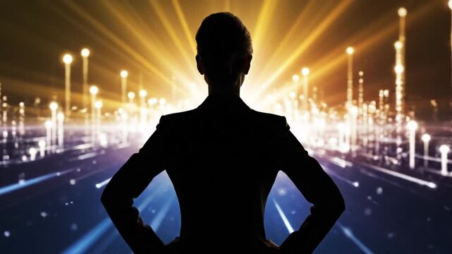 Silhouette of a business professional standing confidently against a backdrop of glowing lights and digital patterns, symbolizing innovation and leadership