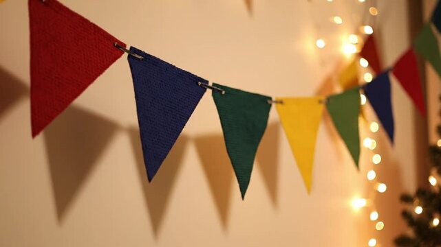 Colorful triangular fabric bunting hanging on a wall with lights  